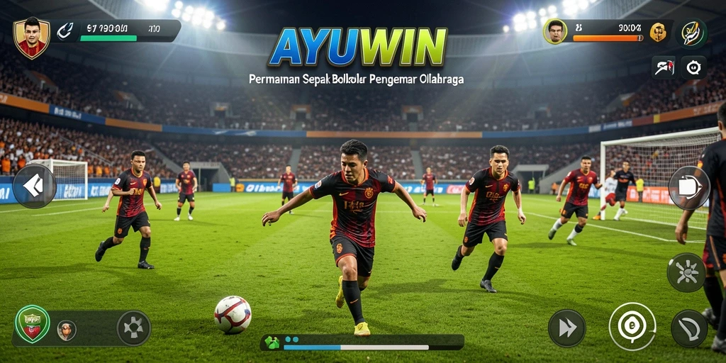Tangkapan layar utama AYUWIN menampilkan aksi permainan sepak bola yang mendebarkan.