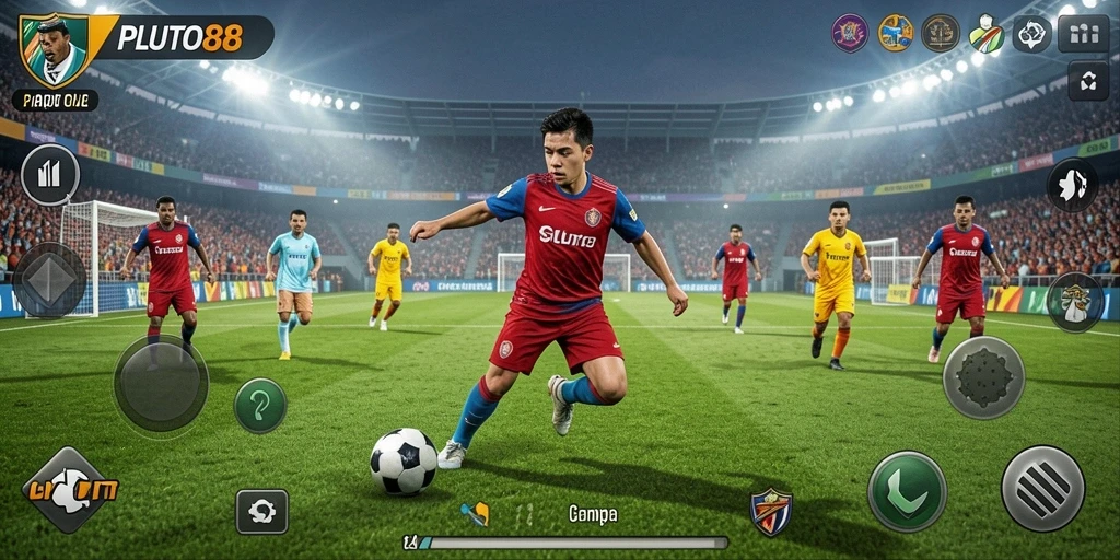 Screenshot gameplay <strong>PLUTO88</strong> menampilkan pertandingan sepak bola yang mendebarkan.