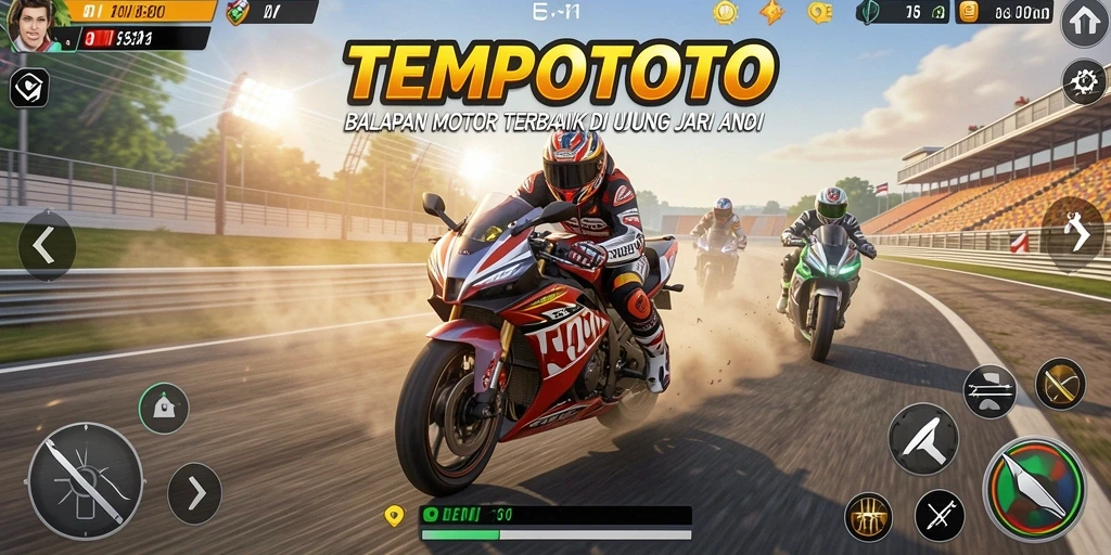 Gameplay seru TEMPOTOTO dengan balapan motor yang menantang.